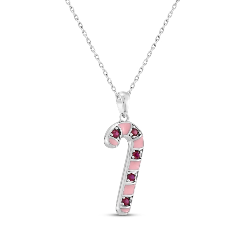 Main Image 2 of Lab-Created Ruby & Pink Enamel Candy Cane Necklace Sterling Silver 18&quot;