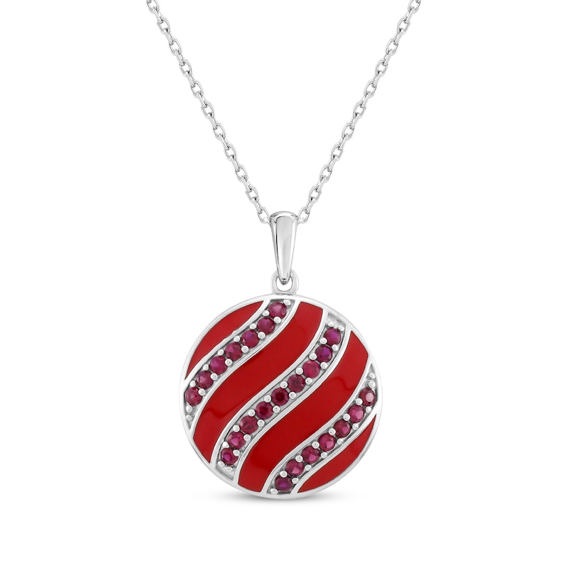 Lab-Created Ruby & Red Enamel Christmas Ornament Necklace Sterling Silver 18"