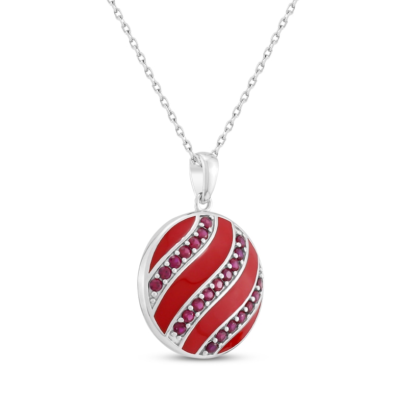 Lab-Created Ruby & Red Enamel Christmas Ornament Necklace Sterling Silver 18"