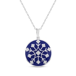 White Lab-Created Sapphire & Dark Blue Enamel Snowflake Necklace Sterling Silver 18"