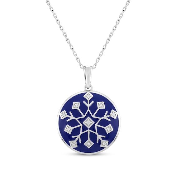 White Lab-Created Sapphire & Dark Blue Enamel Snowflake Necklace Sterling Silver 18"