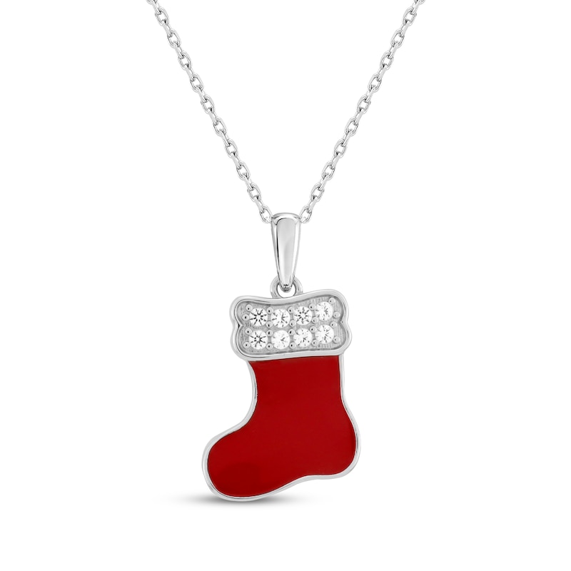 Main Image 1 of White Lab-Created Sapphire & Red Enamel Stocking Necklace Sterling Silver 18&quot;