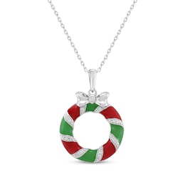 White Lab-Created Sapphire, Red & Green Enamel Christmas Wreath Necklace Sterling Silver 18&quot;