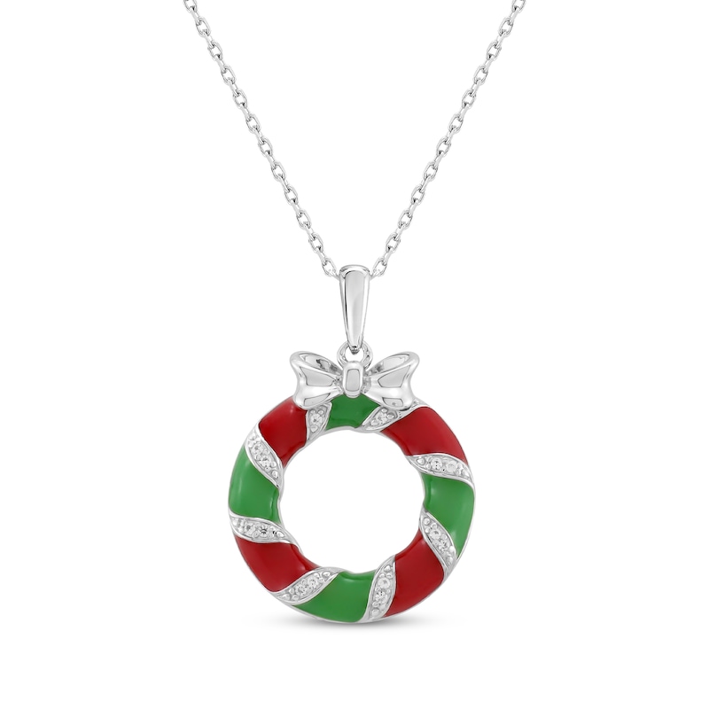 White Lab-Created Sapphire, Red & Green Enamel Christmas Wreath Necklace Sterling Silver 18"