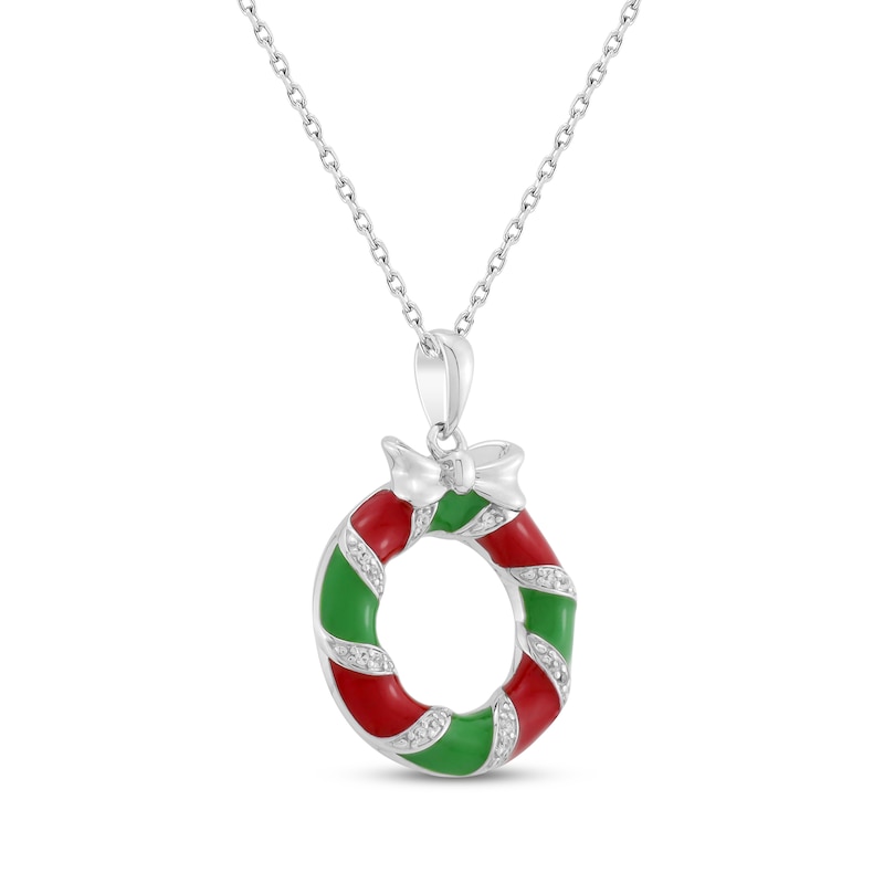White Lab-Created Sapphire, Red & Green Enamel Christmas Wreath Necklace Sterling Silver 18"