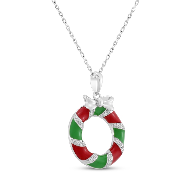 Main Image 2 of White Lab-Created Sapphire, Red & Green Enamel Christmas Wreath Necklace Sterling Silver 18&quot;