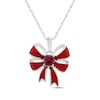 Thumbnail Image 1 of Cushion-Cut Lab-Created Ruby & Red Enamel Christmas Bow Necklace Sterling Silver 18&quot;