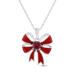 Cushion-Cut Lab-Created Ruby & Red Enamel Christmas Bow Necklace Sterling Silver 18&quot;