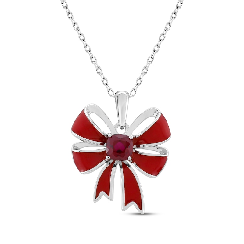 Main Image 1 of Cushion-Cut Lab-Created Ruby & Red Enamel Christmas Bow Necklace Sterling Silver 18&quot;