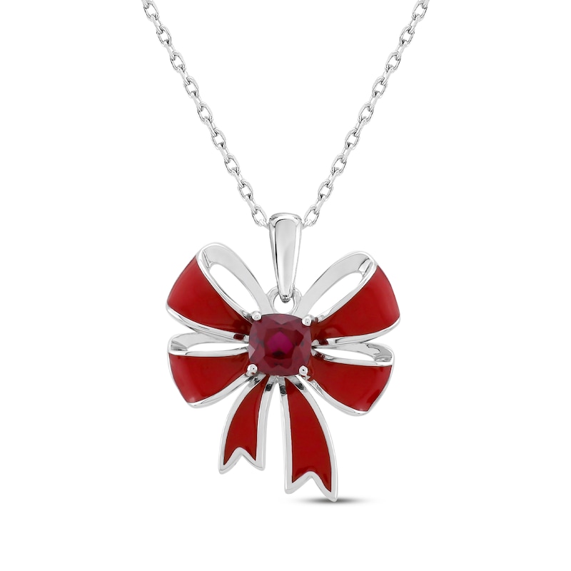 Cushion-Cut Lab-Created Ruby & Red Enamel Christmas Bow Necklace Sterling Silver 18"