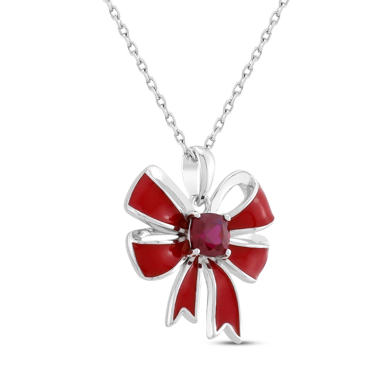 Cushion-Cut Lab-Created Ruby & Red Enamel Christmas Bow Necklace Sterling Silver 18"
