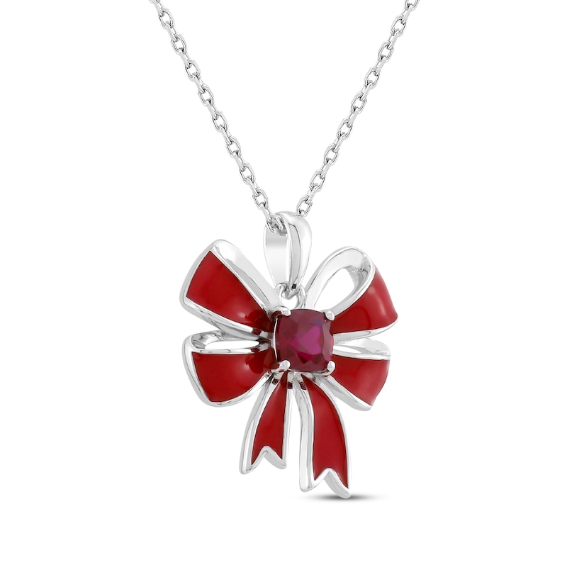 Main Image 2 of Cushion-Cut Lab-Created Ruby & Red Enamel Christmas Bow Necklace Sterling Silver 18&quot;