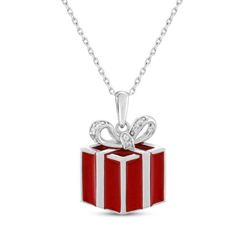 White Lab-Created Sapphire & Red Enamel Christmas Present Necklace Sterling Silver 18"