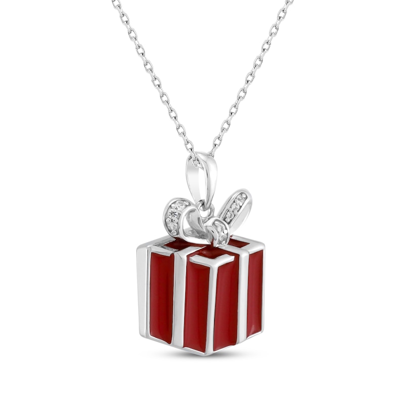 White Lab-Created Sapphire & Red Enamel Christmas Present Necklace Sterling Silver 18"