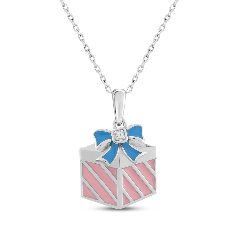 Main Image 1 of White Lab-Created Sapphire, Pink & Blue Enamel Gift Necklace Sterling Silver 18&quot;