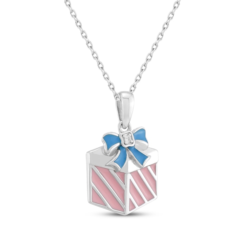 Main Image 2 of White Lab-Created Sapphire, Pink & Blue Enamel Gift Necklace Sterling Silver 18&quot;