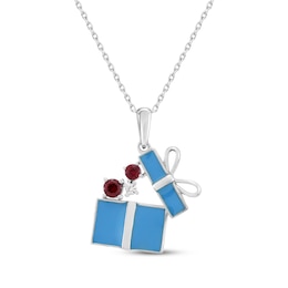 Lab-Created Ruby, White Lab-Created Sapphire & Blue Enamel Gift Necklace Sterling Silver 18"