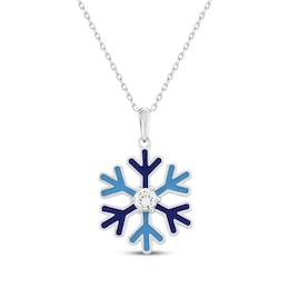 White Lab-Created Sapphire, Light & Dark Blue Enamel Snowflake Necklace Sterling Silver 18"