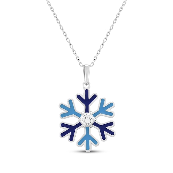 White Lab-Created Sapphire, Light & Dark Blue Enamel Snowflake Necklace Sterling Silver 18"