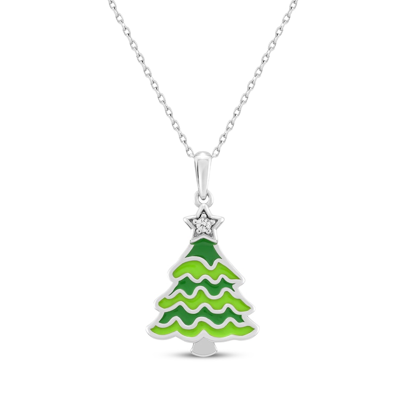 White Lab-Created Sapphire & Green Enamel Christmas Tree Necklace Sterling Silver 18"