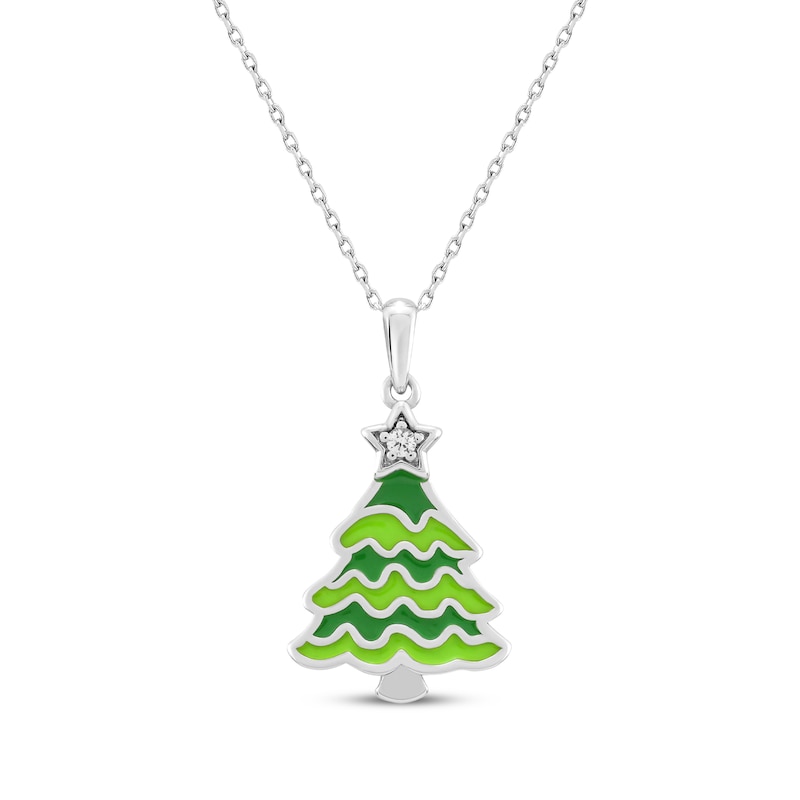 Main Image 1 of White Lab-Created Sapphire & Green Enamel Christmas Tree Necklace Sterling Silver 18&quot;