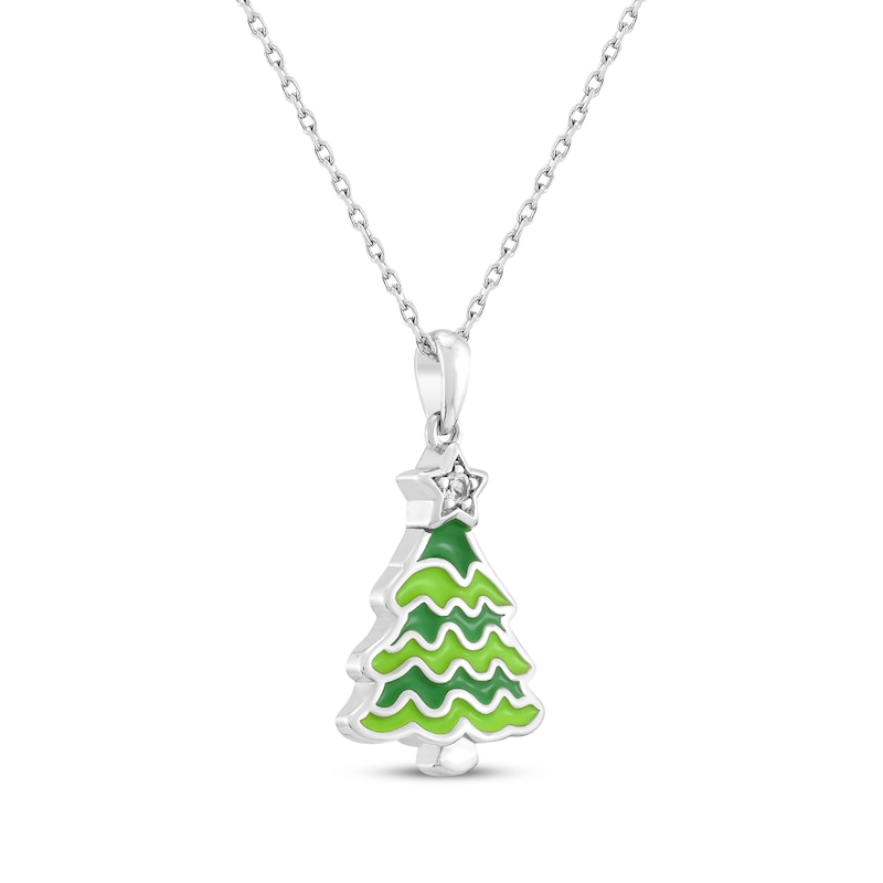 White Lab-Created Sapphire & Green Enamel Christmas Tree Necklace Sterling Silver 18"