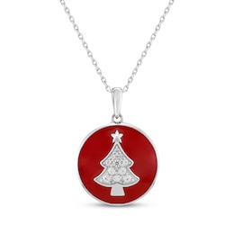 White Lab-Created Sapphire & Red Enamel Christmas Tree Necklace Sterling Silver 18"