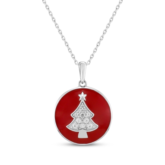 White Lab-Created Sapphire & Red Enamel Christmas Tree Necklace Sterling Silver 18"
