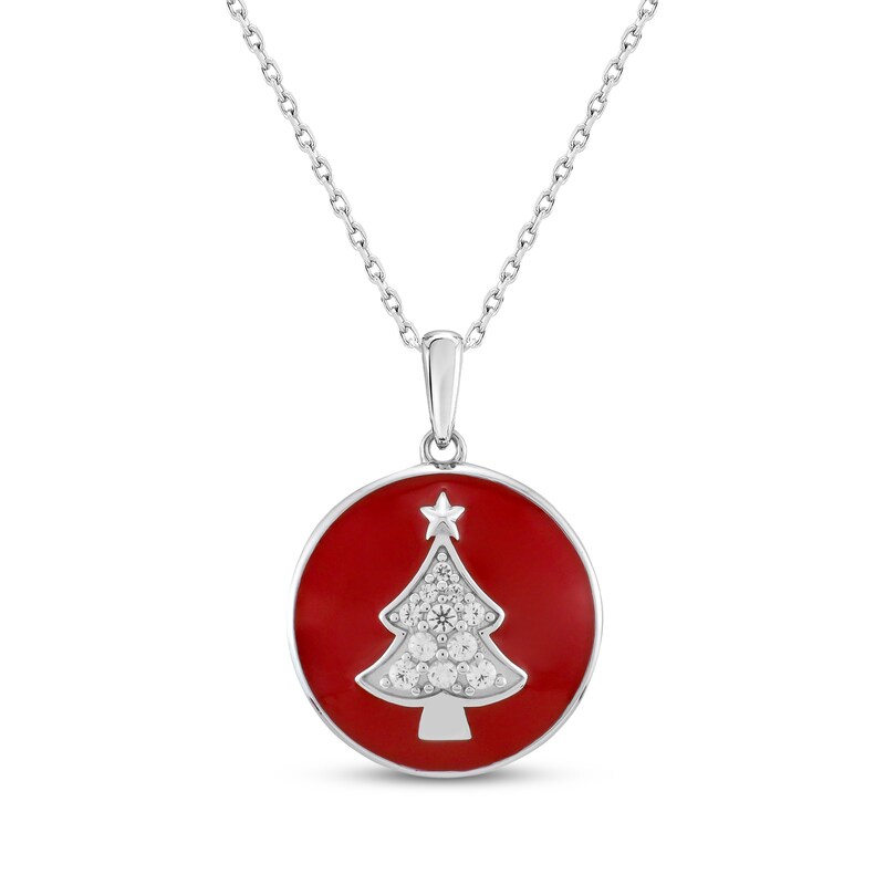 Main Image 1 of White Lab-Created Sapphire & Red Enamel Christmas Tree Necklace Sterling Silver 18&quot;