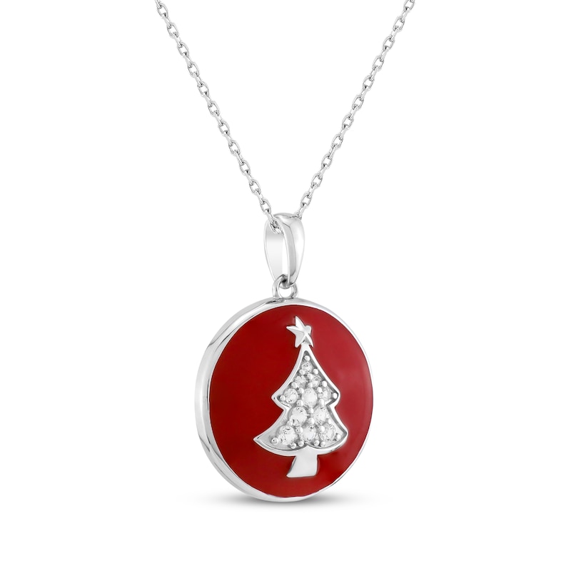 Main Image 2 of White Lab-Created Sapphire & Red Enamel Christmas Tree Necklace Sterling Silver 18&quot;