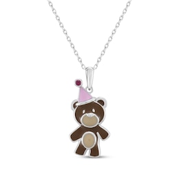 Lab-Created Ruby, Pink & Brown Enamel Teddy Bear with Party Hat Necklace Sterling Silver 18"