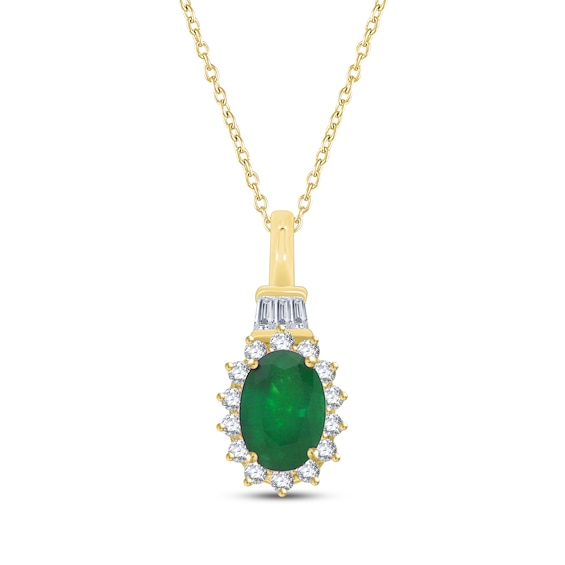 Oval-Cut Natural Emerald & Diamond Necklace 1/5 ct tw 10K Yellow Gold 18"