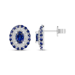 Oval-Cut Blue Lab-Created Sapphire & White Lab-Created Sapphire Double Halo Stud Earrings Sterling Silver