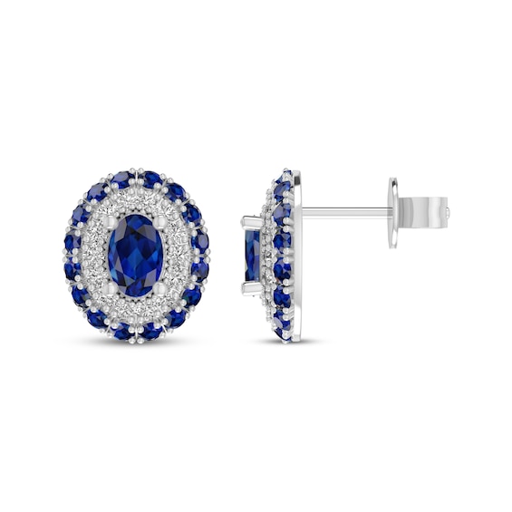 Oval-Cut Blue Lab-Created Sapphire & White Lab-Created Sapphire Double Halo Stud Earrings Sterling Silver