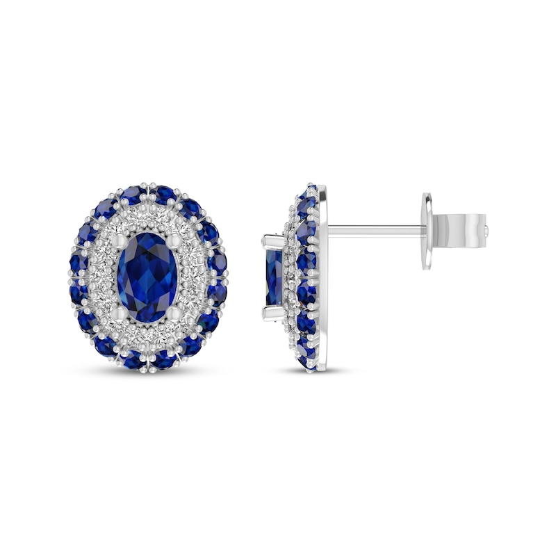 Main Image 1 of Oval-Cut Blue Lab-Created Sapphire & White Lab-Created Sapphire Double Halo Stud Earrings Sterling Silver