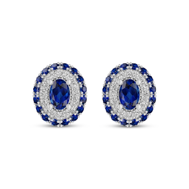 Main Image 2 of Oval-Cut Blue Lab-Created Sapphire & White Lab-Created Sapphire Double Halo Stud Earrings Sterling Silver