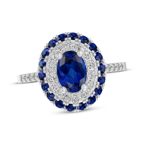 Oval-Cut Blue Lab-Created Sapphire & White Lab-Created Sapphire Halo Ring Sterling Silver