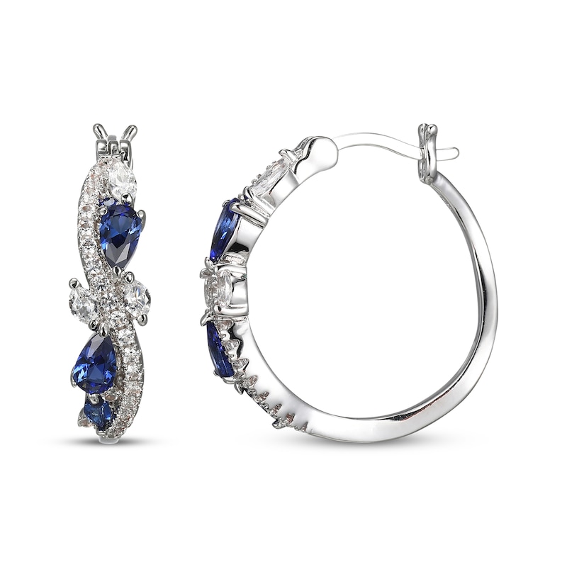 Main Image 3 of Multi-Shape Blue Lab-Created Sapphire & White Lab-Created Sapphire Swirl Hoop Earrings Sterling Silver