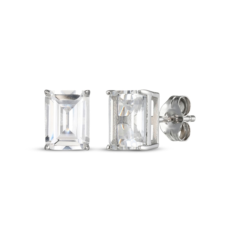 Main Image 1 of Emerald-Cut White Lab-Created Sapphire Solitaire Stud Earrings Sterling Silver