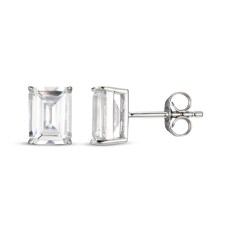 Main Image 3 of Emerald-Cut White Lab-Created Sapphire Solitaire Stud Earrings Sterling Silver