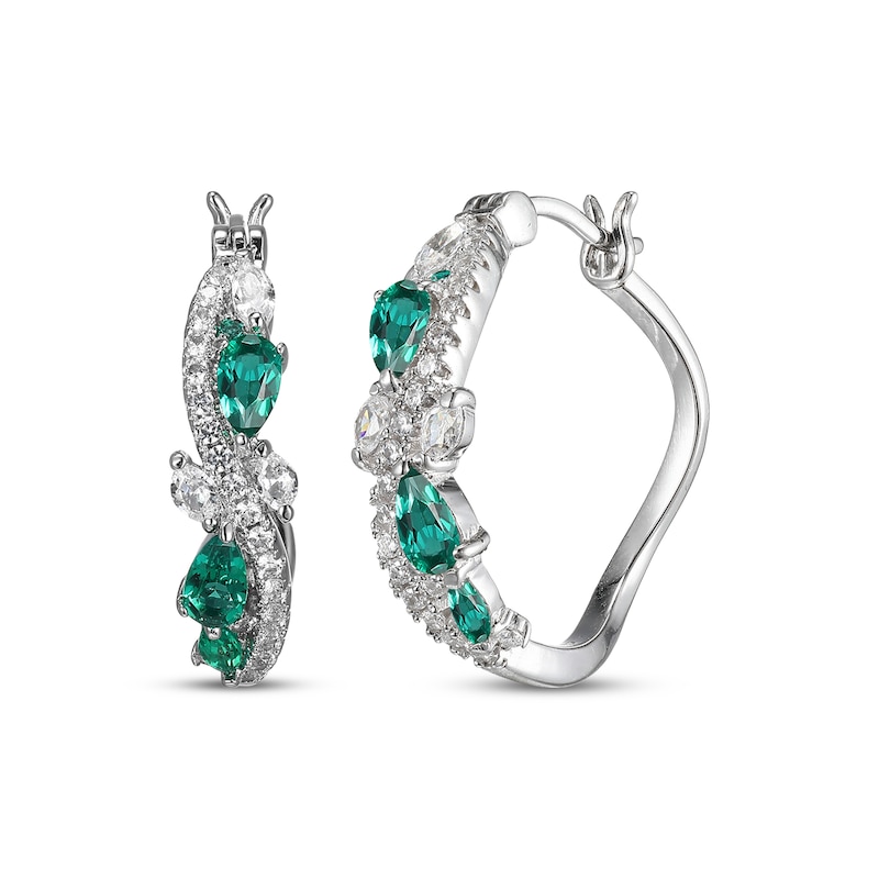 Main Image 1 of Multi-Shape Lab-Created Emerald & White Lab-Created Sapphire Swirl Hoop Earrings Sterling Silver