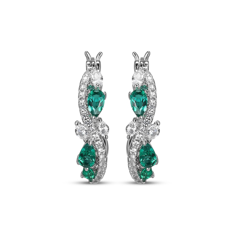 Main Image 2 of Multi-Shape Lab-Created Emerald & White Lab-Created Sapphire Swirl Hoop Earrings Sterling Silver
