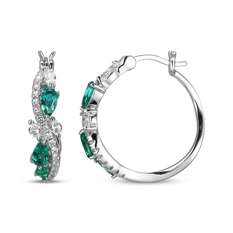 Main Image 3 of Multi-Shape Lab-Created Emerald & White Lab-Created Sapphire Swirl Hoop Earrings Sterling Silver