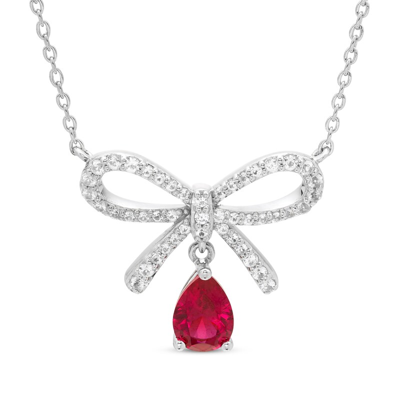 Main Image 1 of Pear-Shaped Lab-Created Ruby & White Lab-Created Sapphire Bow Necklace Sterling Silver 18"