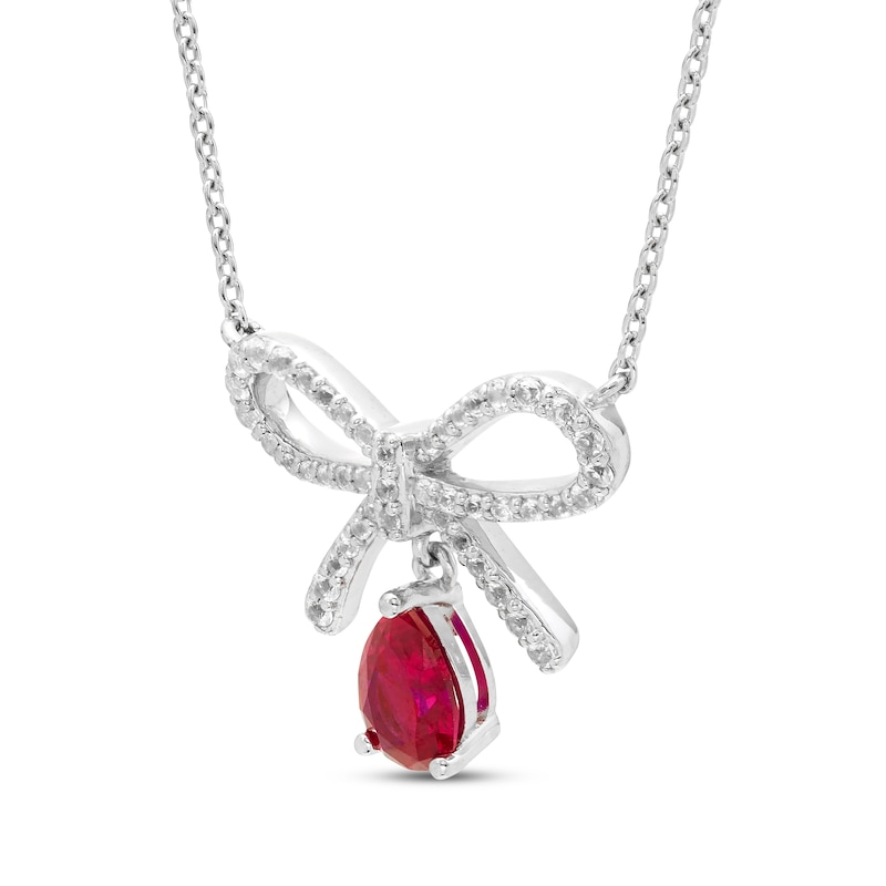 Main Image 2 of Pear-Shaped Lab-Created Ruby & White Lab-Created Sapphire Bow Necklace Sterling Silver 18"