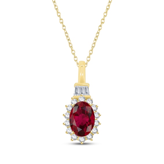 Oval-Cut Lab-Created Ruby & Diamond Starburst Halo Necklace 1/5 ct tw 10K Yellow Gold 18"