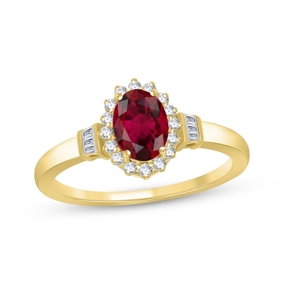 Oval-Cut Lab-Created Ruby & Diamond Starburst Halo Ring 1/5 ct tw 10K Yellow Gold