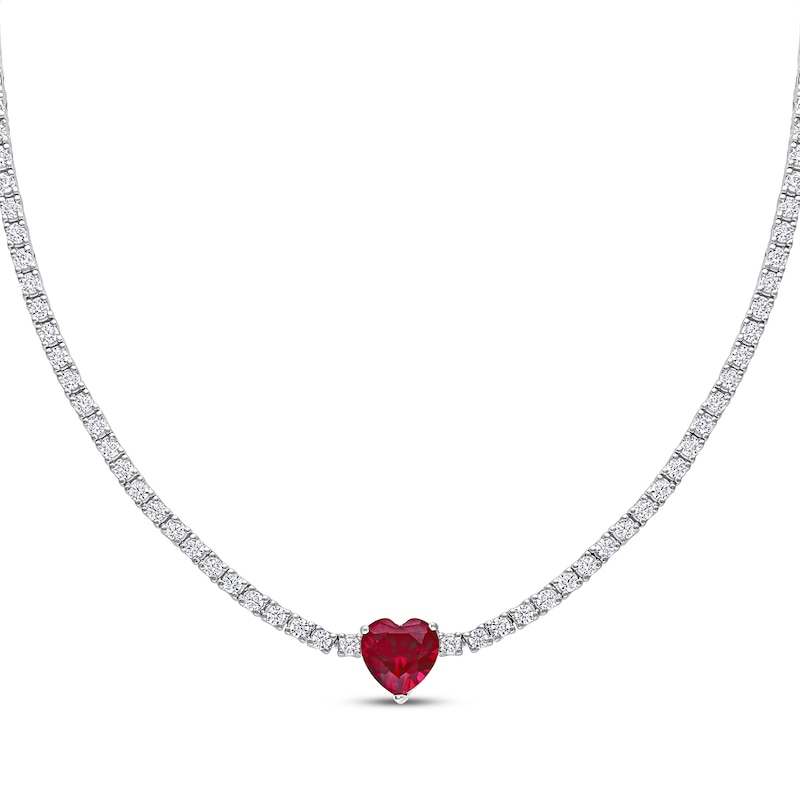 Main Image 2 of Heart-Shaped Lab-Created Ruby Choker Necklace Sterling Silver 15&quot;