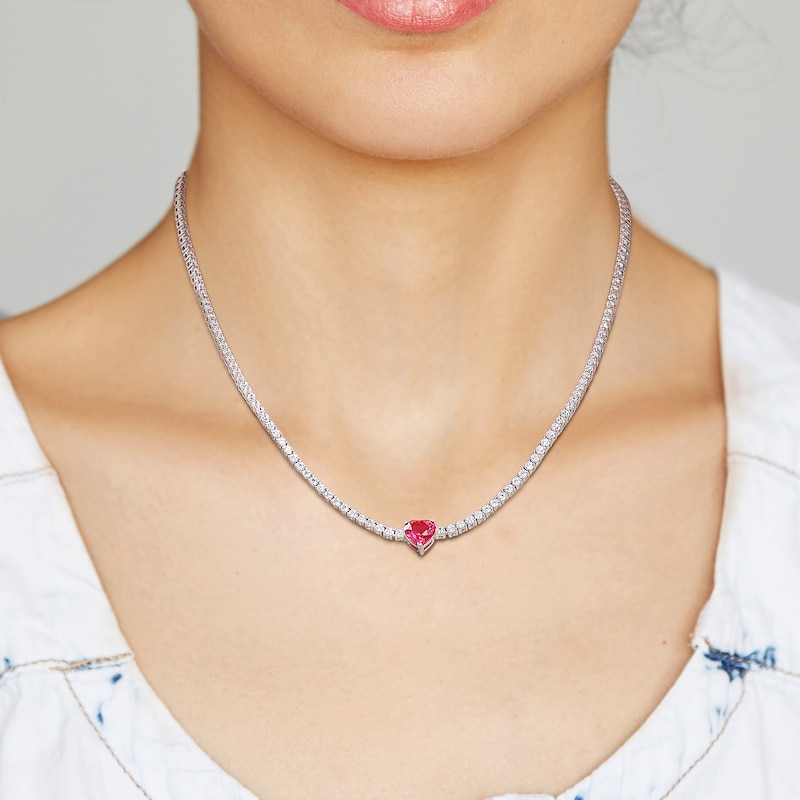 Main Image 4 of Heart-Shaped Lab-Created Ruby Choker Necklace Sterling Silver 15&quot;