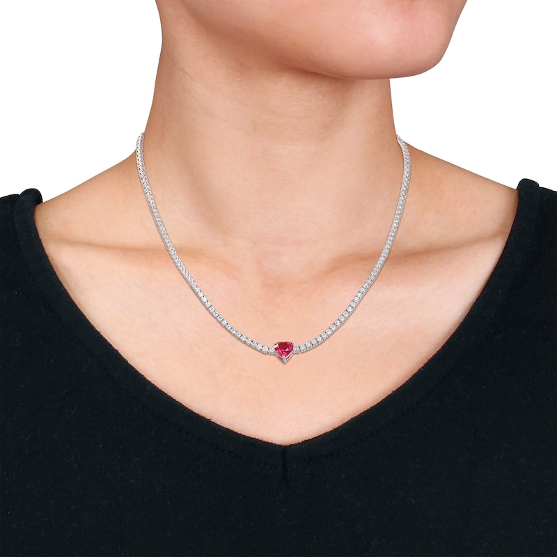 Main Image 5 of Heart-Shaped Lab-Created Ruby Choker Necklace Sterling Silver 15&quot;